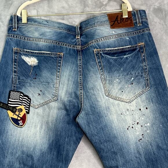 AKOO Jeans Mens 40/34 Blue Paint Splatter Distressed No Rivals Patch Big Oak Fit - Picture 6 of 16